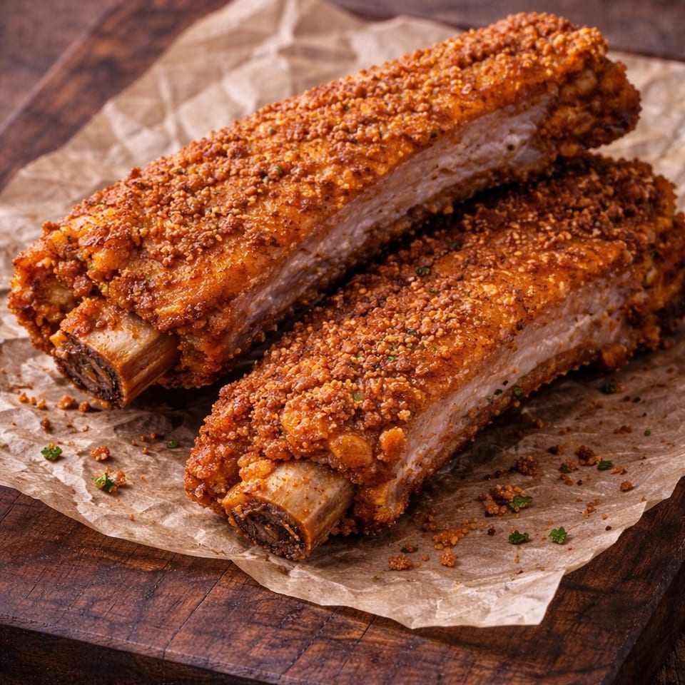 Two crispy, breaded ribs with visible bones, served on parchment paper on a wooden board.