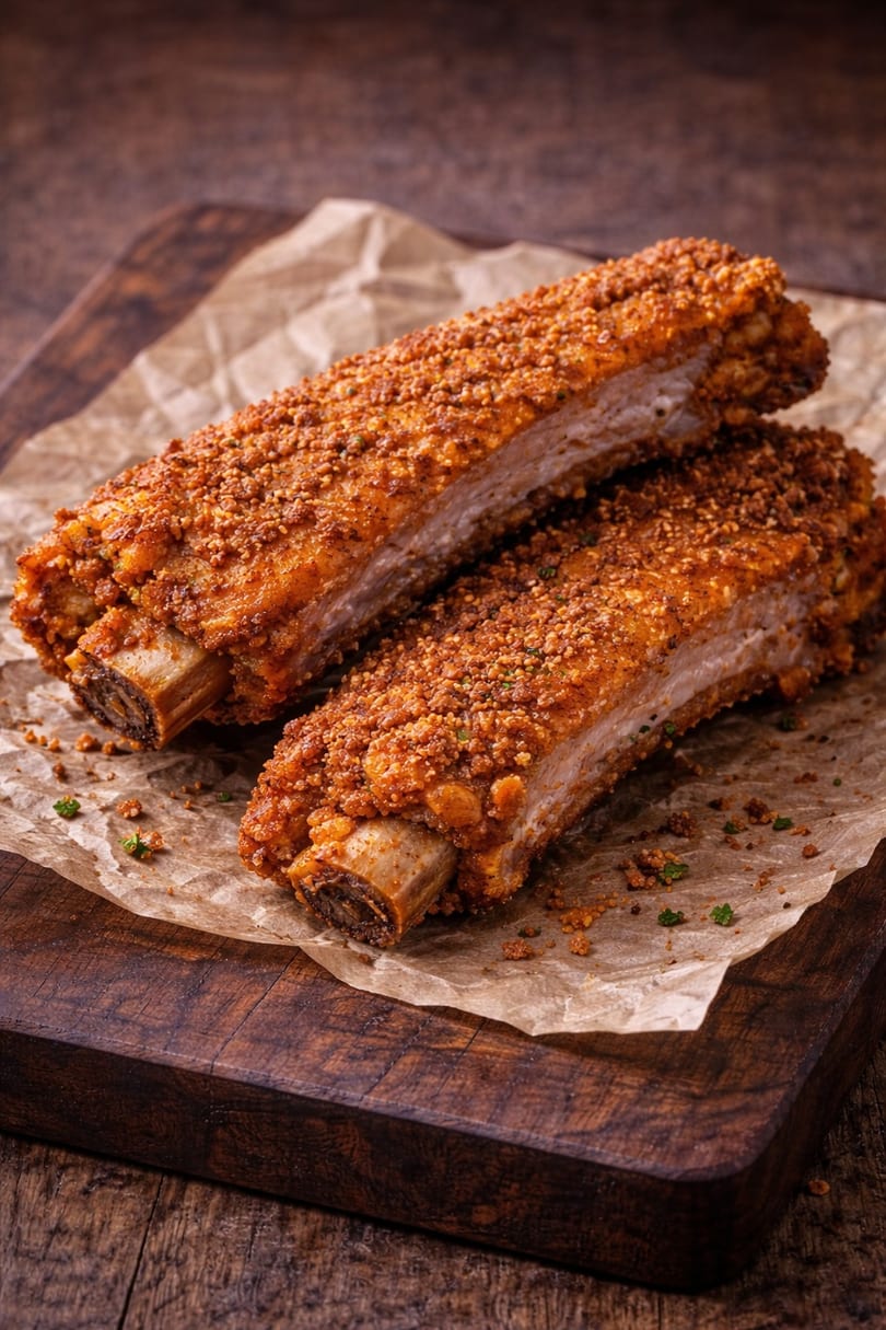 Two crispy, breaded ribs with visible bones, served on parchment paper on a wooden board.